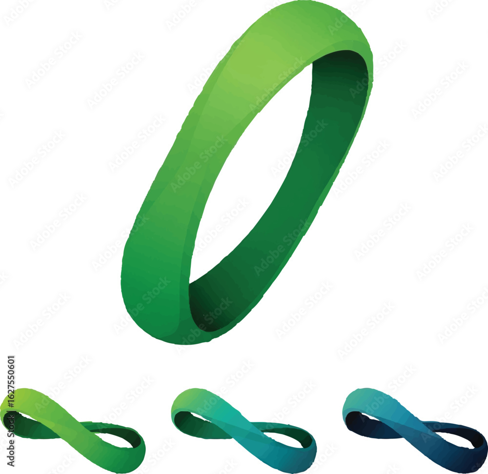 Poster green gradient mobius strip infinity symbol with smaller variations below isolated on transparent ba