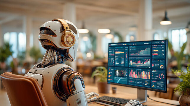 A humanoid robot analyzing complex data on a large digital screen displaying graphs and charts in a high-tech office environment. Concept of AI-driven data analysis and decision-making in business