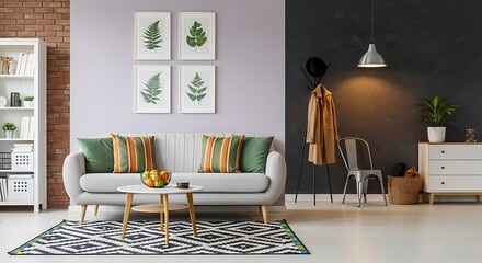 Modern living room with grey sofa green and gold pillows and botanical art