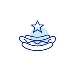 Hot dog with mustard in a bun and star. Top rated street food. Pixel perfect, editable stroke vector icon