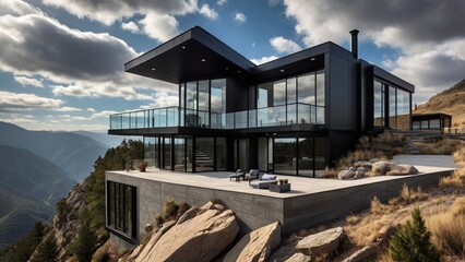 Obraz premium Black minimalist home situated on rocky lakeside under vast sky.