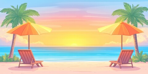 Obraz premium Tropical beach sunset paradise illustration landscape. Vacation and relaxation on the ocean, colorful summer coastline. Idyllic destination, serene nature, outdoor resort, peaceful holiday, artistic
