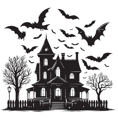 black House with bats flying Silhouette Vector, High Quality Illustration on White Background