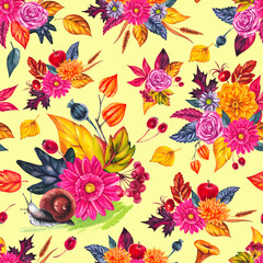 Autumn watercolor seamless pattern with leaves flowers. Perfect for DIY projects, cards, invitations, posters, scrapbooking, branding and packaging for both digital and print use.
