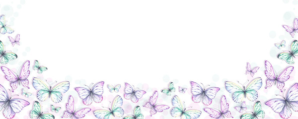 Butterfly background watercolor horizontal. Perfect for DIY projects, cards, invitations, posters, scrapbooking, branding, packaging. Butterflies for both digital and print use.