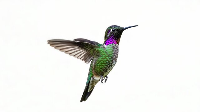 A small hummingbird with iridescent green and purple feathers in midflight, isolated on white background