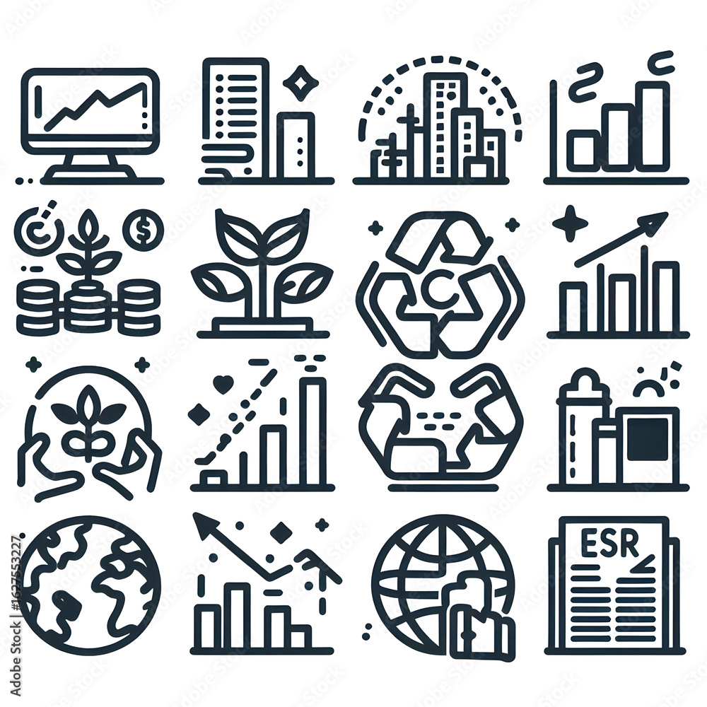 Poster monochrome icon set illustrating modern digital workspace concepts. icons for productivity, cloud co