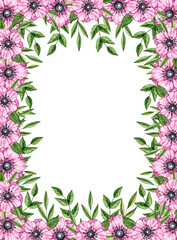 Postcard design with anemones and rainbow watercolor. Perfect for DIY projects, cards, invitations, posters, scrapbooking, branding, packaging. Botanical frame for both digital and print use.