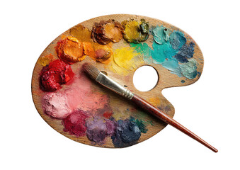 Wooden artist's palette with paint and brush