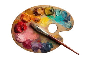 Wooden artist's palette with paint and brush