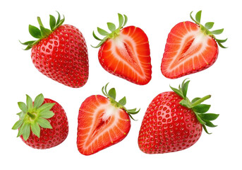 Several fresh, ripe, vibrant red garden strawberries, whole and precisely cut revealing juicy inner flesh, yellow achenes, and vivid green sepals, against a pristine transparent background with bright
