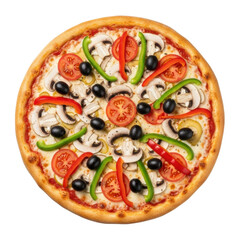 Whole, perfectly round italian pizza with golden-brown crisp crust, melted cheese, white mushrooms, black olives, red & green bell peppers, and fresh tomato slices, isolated on a plain white