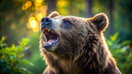 Grizzly Bear Roaring at Sunset: Majestic Wildlife Portrait, Dramatic Lighting, Intense Mood