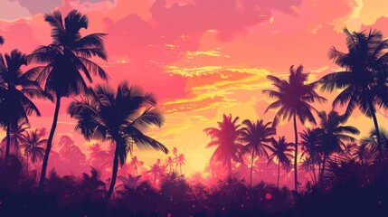 Fototapeta premium Palm trees silhouetted against a vibrant sunset sky with pink and orange hues casting a warm glow