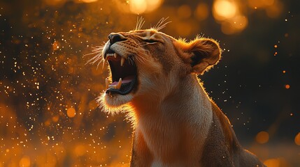 Roaring Lioness with Golden Bokeh Background