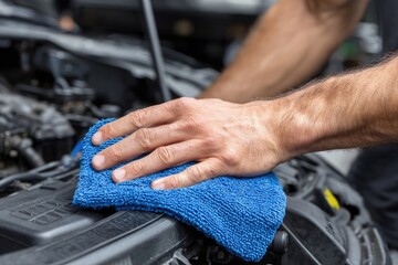 Close-up of a hand cleaning car engine