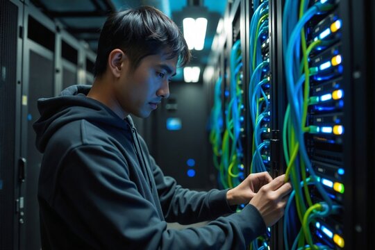 IT technician in a hoodie checking network cables and connections on a server rack in a cool, dimly lit data center or server room.
