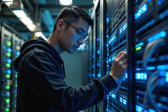 IT technician in a hoodie checking network cables and connections on a server rack in a cool, dimly lit data center or server room.