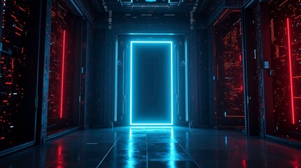 Game portal UI, hologram light technology, colored circle effect, futuristic glow podium, teleport element ai generative