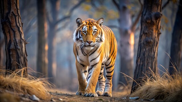 Majestic Bengal Tiger Walking Through Burned Forest; Serene, Powerful, Wildlife Photography