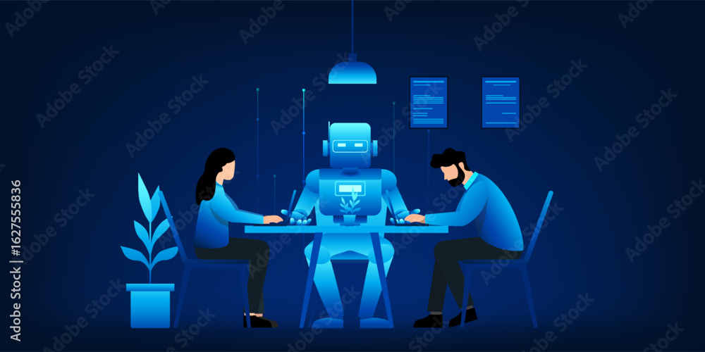 Poster a diverse team of professionals sitting at a meeting table collaborating with an ai robot assistant,