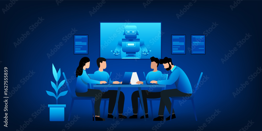 Poster a remote team collaboration through video conference with an ai robot. the future of work culture, w