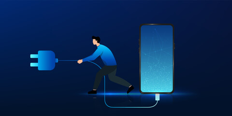 Digital detox concept. A man unplugs his smartphone to take a break from the screen. Symbol of mindfulness, mental health and connection to the real world.