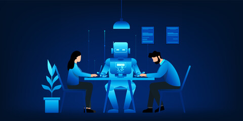 A diverse team of professionals sitting at a meeting table collaborating with an AI robot assistant, symbolizing AI integration in modern workplace and future teamwork.