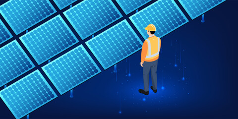 Engineer standing outdoors inspecting solar panels with clipboard, symbolizing clean energy technology, green power solutions, and sustainable energy development