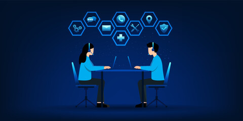 Customer support representative sitting at desk wearing headset, providing assistance via phone call. The concept represents professional call center service and remote technical or customer support