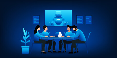 A remote team collaboration through video conference with an AI robot. The future of work culture, where humans and artificial intelligence integrate seamlessly in virtual meetings