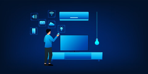 Smart home technology with IoT system. A man uses his smartphone to control home appliances such as lighting, air conditioning, and entertainment devices for a connected and intelligent living