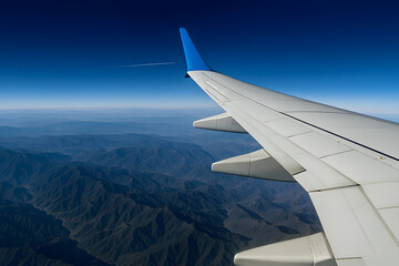 Obraz premium Aerial View from Airplane Window Showing Wing Over Majestic Snowy Mountain Range and Clouds