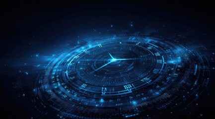 Glowing blue circular clock, futuristic design