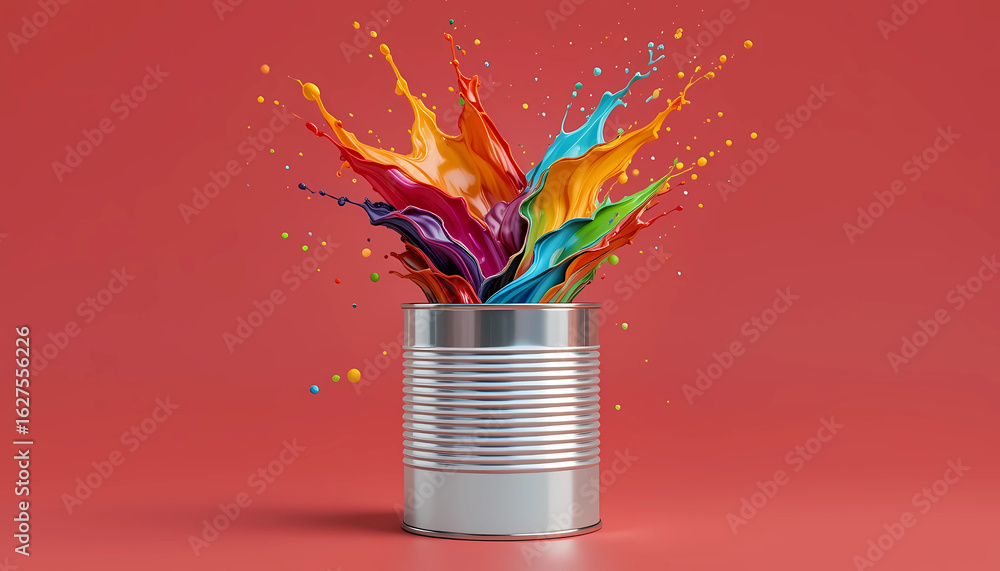 Poster a vibrant explosion of colorful paint erupting from a silver can against a red background scene setu