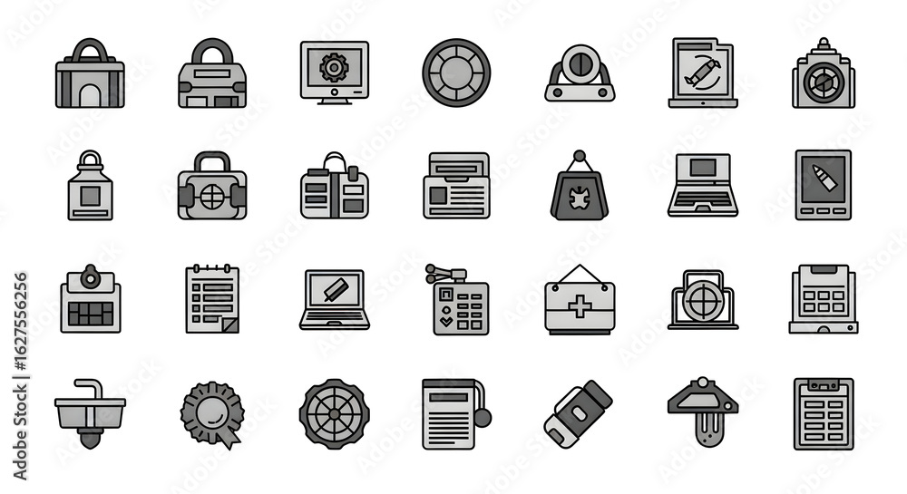 Aufkleber monochrome pixel art icon set in a retro 8-bit style. collection of business, technology, and web sy