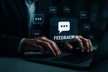 Person typing feedback on laptop business communication