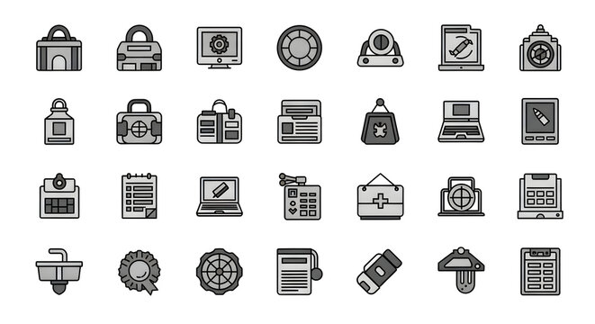 Monochrome pixel art icon set in a retro 8-bit style. Collection of business, technology, and web symbols for user interface design.