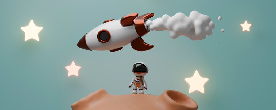 3d cartoon astronaut watching rocket launch among stars in space