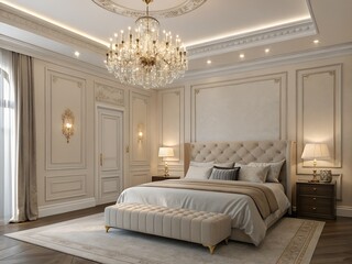 Elegant bedroom with a chandelier, panel molding on the walls, and an upholstered bench at the foot of the bed 