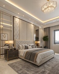 Hotel-inspired bedroom design with double headboard lights, large mirror, and designer linens 