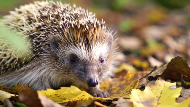 Close-up of a Cute European Hedgehog in Autumn Foliage