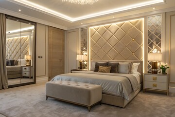 Luxury bedroom with backlit headboard wall, mirrored nightstands, and soft velvet furnishings