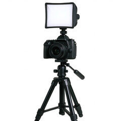 Professional Digital Camera with LED Light Mounted on a Sturdy Tripod for Enhanced Photography and Videography