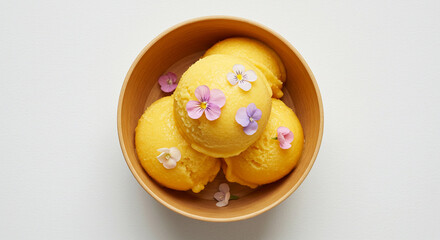 Three scoops of vibrant yellow mango sorbet, topped with tiny purple and pink flowers, in a light brown bowl.