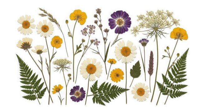 Pressed Flowers Daisies Ferns Wildflowers - Powered by Adobe