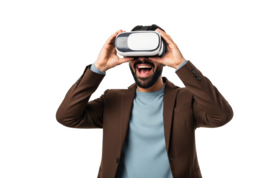 Young adult Middle Eastern man in a brown blazer, joyful, surprised smile, actively experiencing VR with a modern black and white headset on a bright white studio background with copy space. Concept