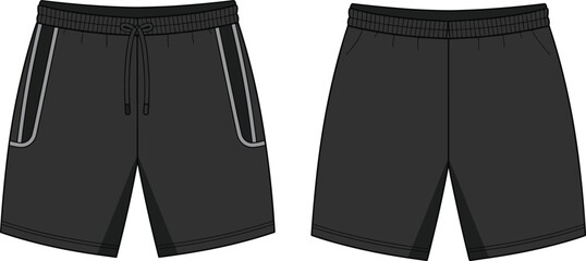 Men's black drawstring shorts with side piping design, front and back view, casual athletic sportswear fashion vector flat illustration