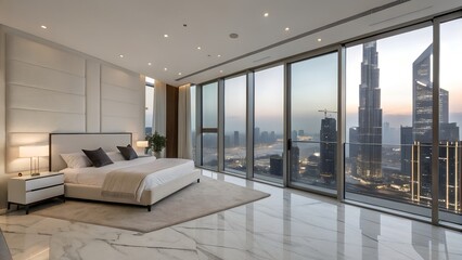 Modern bedroom with floor-to-ceiling windows, city skyline view, minimalist decor, and marble flooring