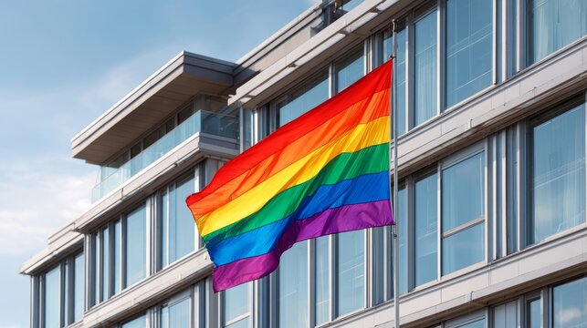 Rainbow LGBT flag against blue sky, buildings. Rainbow pride flag waving beside classic urban buildings under clear blue sky. LGBTQ pride and inclusivity